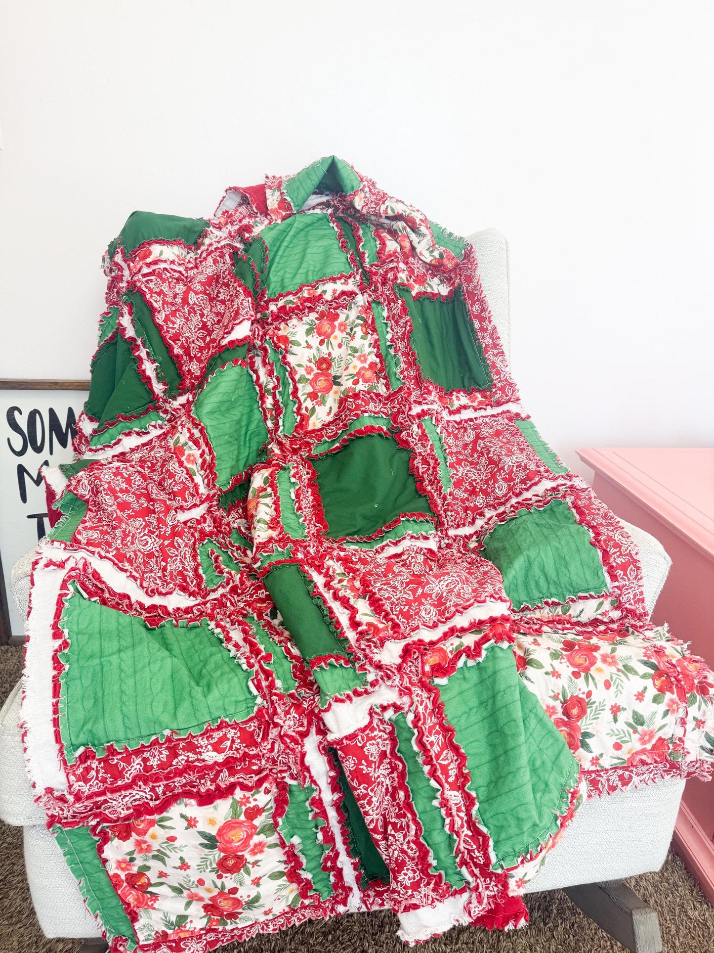 Cozy Rag Quilt | Holiday Throw Blanket | Cozy Large Throw or Twin Quilt | Red Green Patchwork Bedding | Red Winter Quilt Gifts - A Vision to Remember