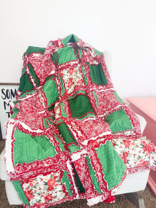 Green and White Floral Rag Quilt | Vintage Patchwork Bedding | Shabby Chic Holiday Throw Blanket | Handmade Quilt Baby to King - A Vision to Remember
