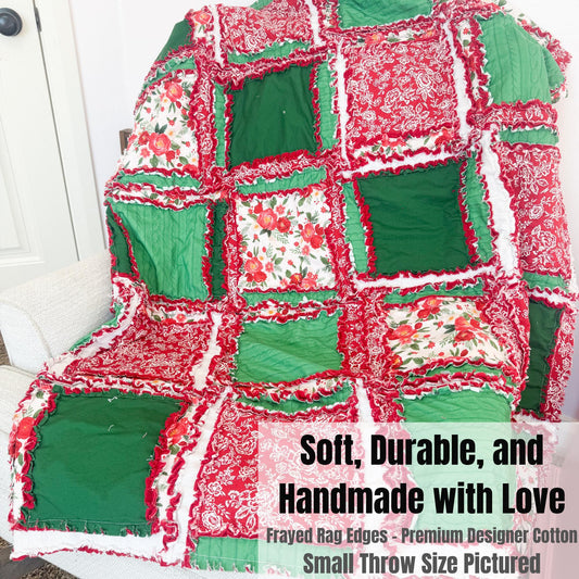 Green and White Floral Rag Quilt | Vintage Patchwork Bedding | Shabby Chic Holiday Throw Blanket | Handmade Quilt Baby to King - A Vision to Remember