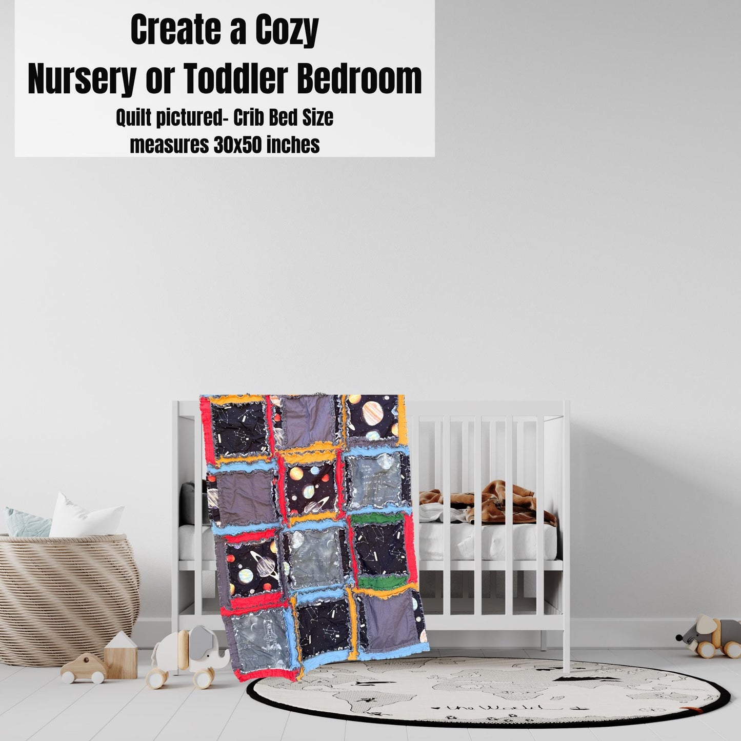 Solar System Baby Rag Quilt | Outer Space Themed Nursery Bedding for Boys | Planets Newborn Boys Bed Comforter | Gray, Black, Red, Blue - A Vision to Remember