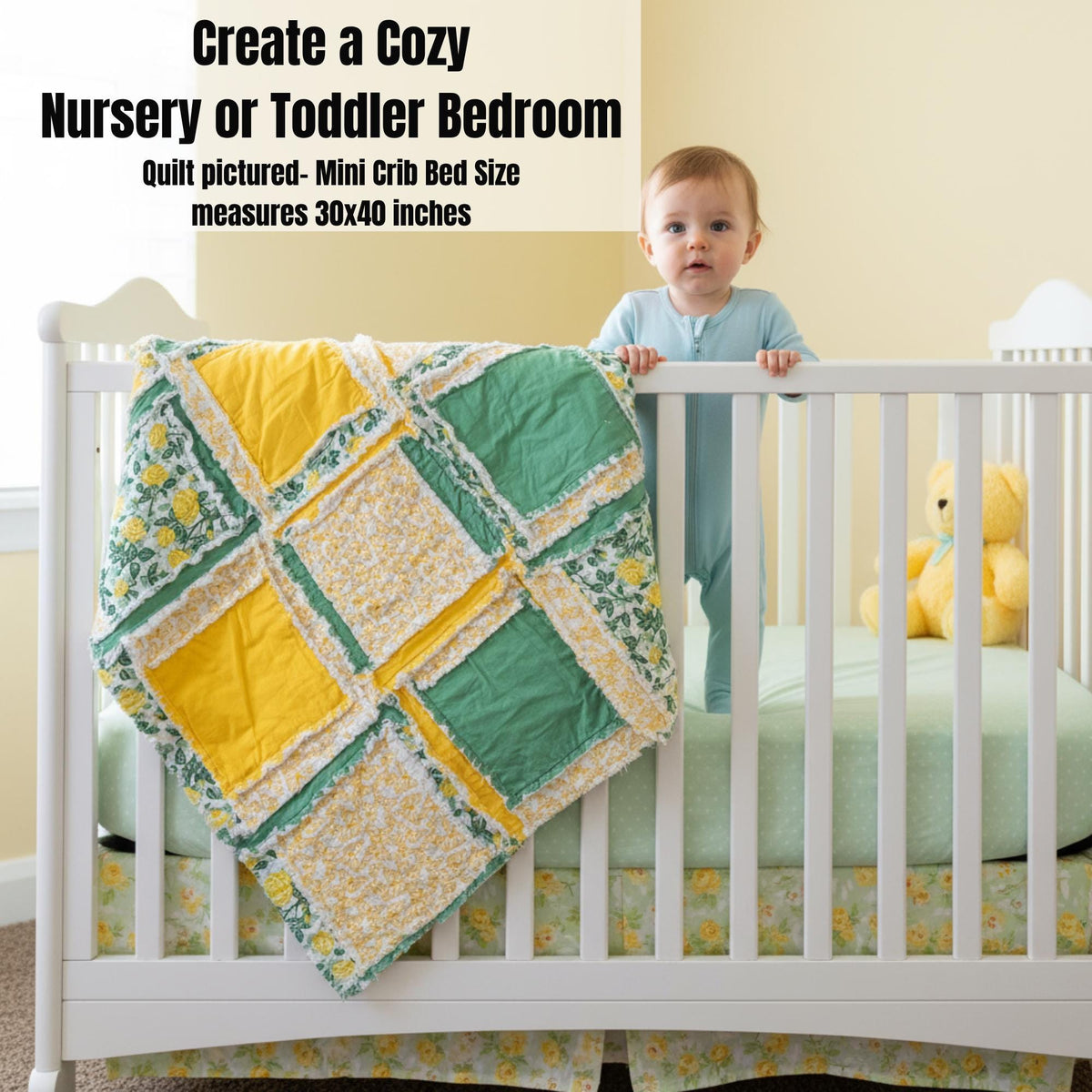 Yellow Green Floral Baby Rag Quilt | Sunshine Nursery Blanket | Gender Neutral Crib Bedding | Handmade Flannel Quilt | Baby Shower Gift - A Vision to Remember