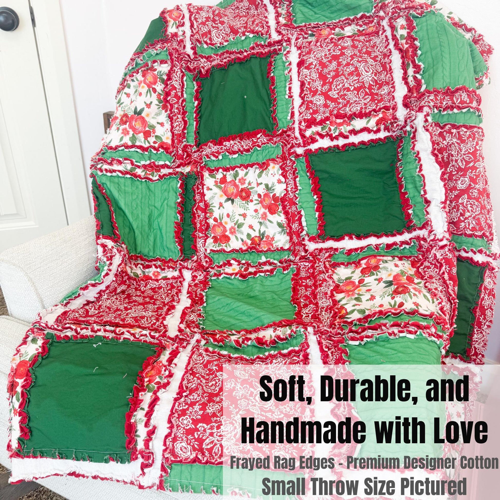 Cozy Rag Quilt | Holiday Throw Blanket | Cozy Large Throw or Twin Quilt | Red Green Patchwork Bedding | Red Winter Quilt Gifts - A Vision to Remember
