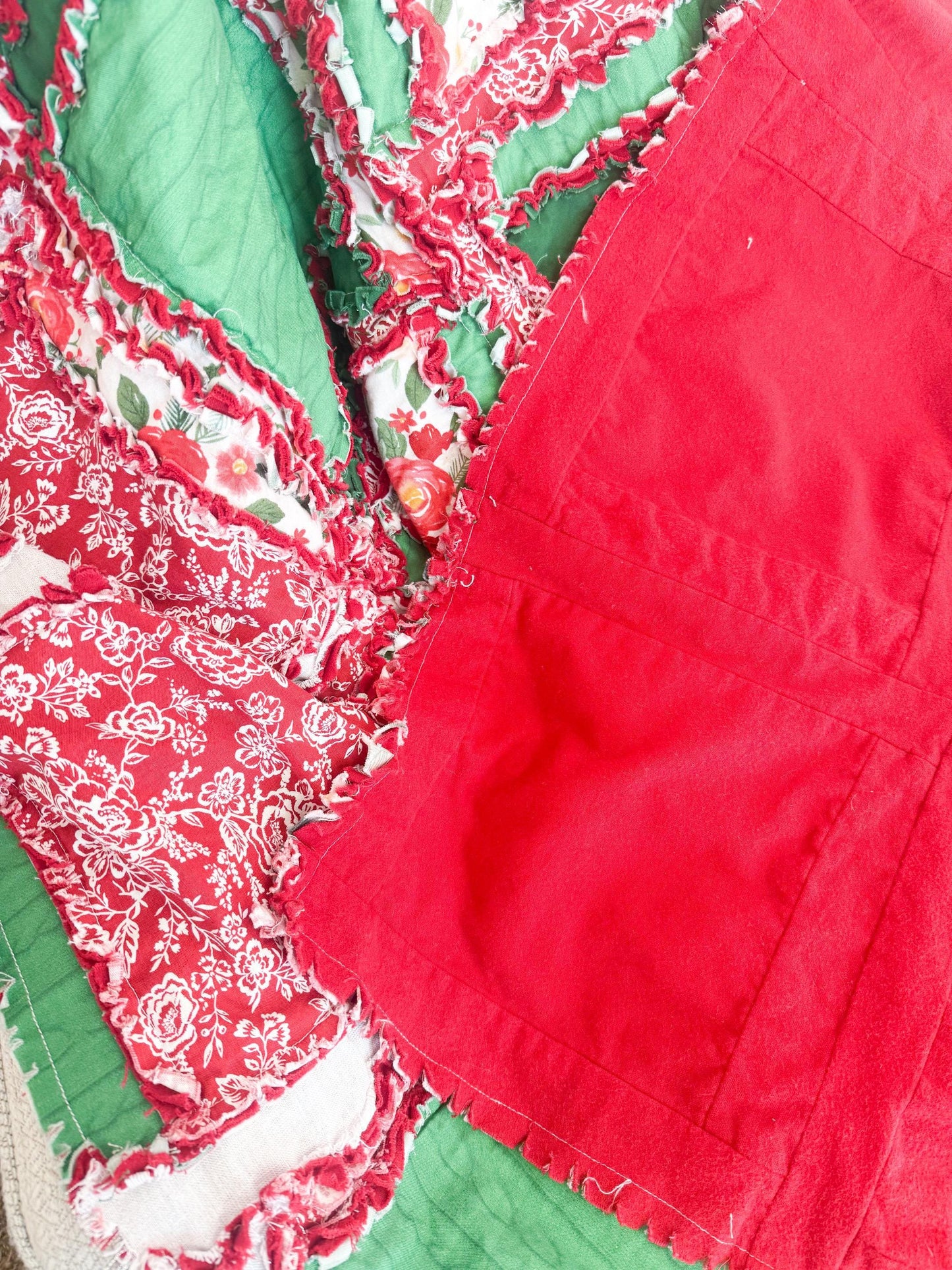 Green and White Floral Rag Quilt | Vintage Patchwork Bedding | Shabby Chic Holiday Throw Blanket | Handmade Quilt Baby to King - A Vision to Remember