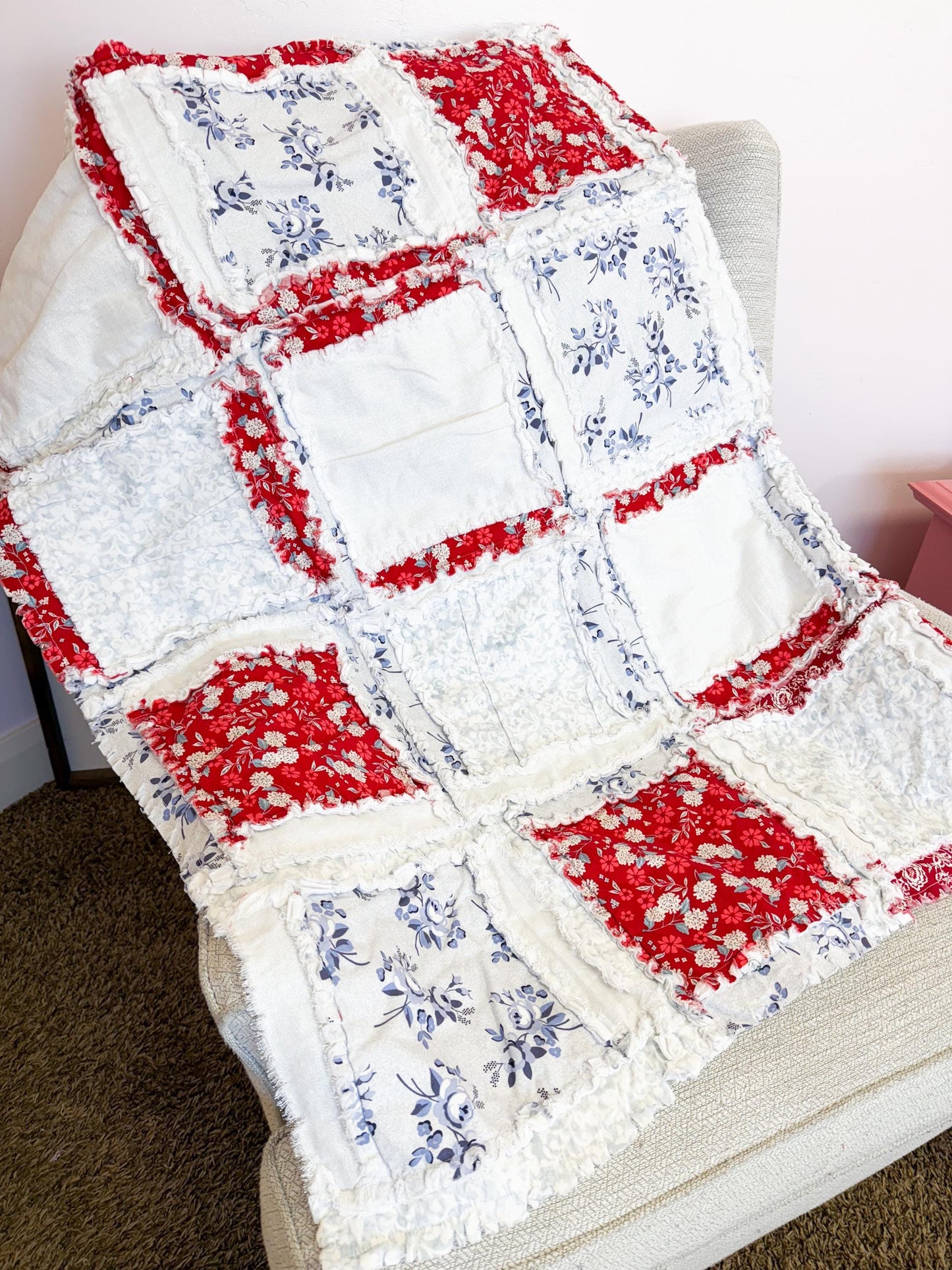 Valentines Rag Quilt | Red White Blue Floral Patchwork Blanket | SMALL Throw to Twin Bed Blanket | Farmhouse Bedding Gift - A Vision to Remember