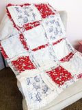 Valentines Rag Quilt | Red White Blue Floral Patchwork Blanket | SMALL Throw to Twin Bed Blanket | Farmhouse Bedding Gift - A Vision to Remember