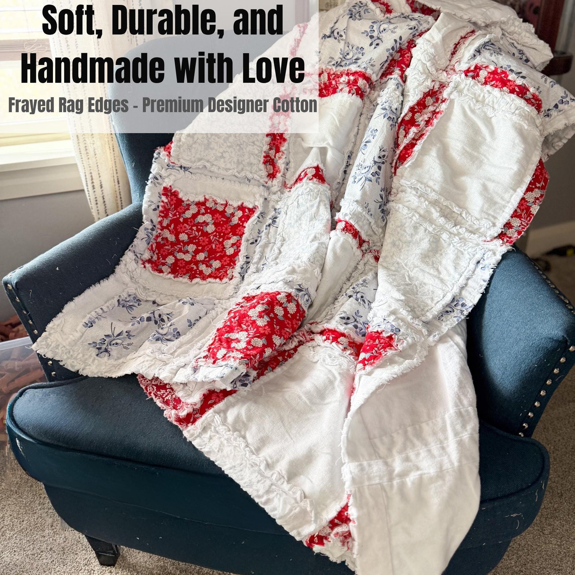 Valentines Rag Quilt | Red White Blue Floral Patchwork Blanket | SMALL Throw to Twin Bed Blanket | Farmhouse Bedding Gift - A Vision to Remember