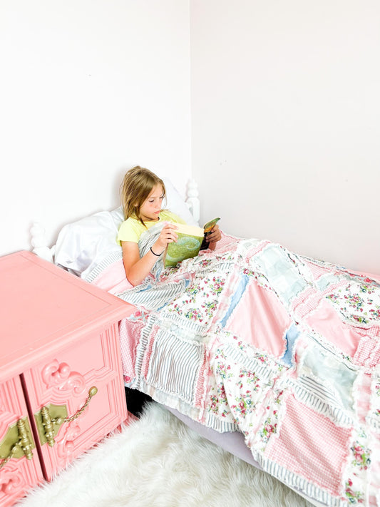 Pink Floral Rag Quilt | Shabby Chic Bedding | Cottagecore Twin Queen King Quilt - A Vision to Remember
