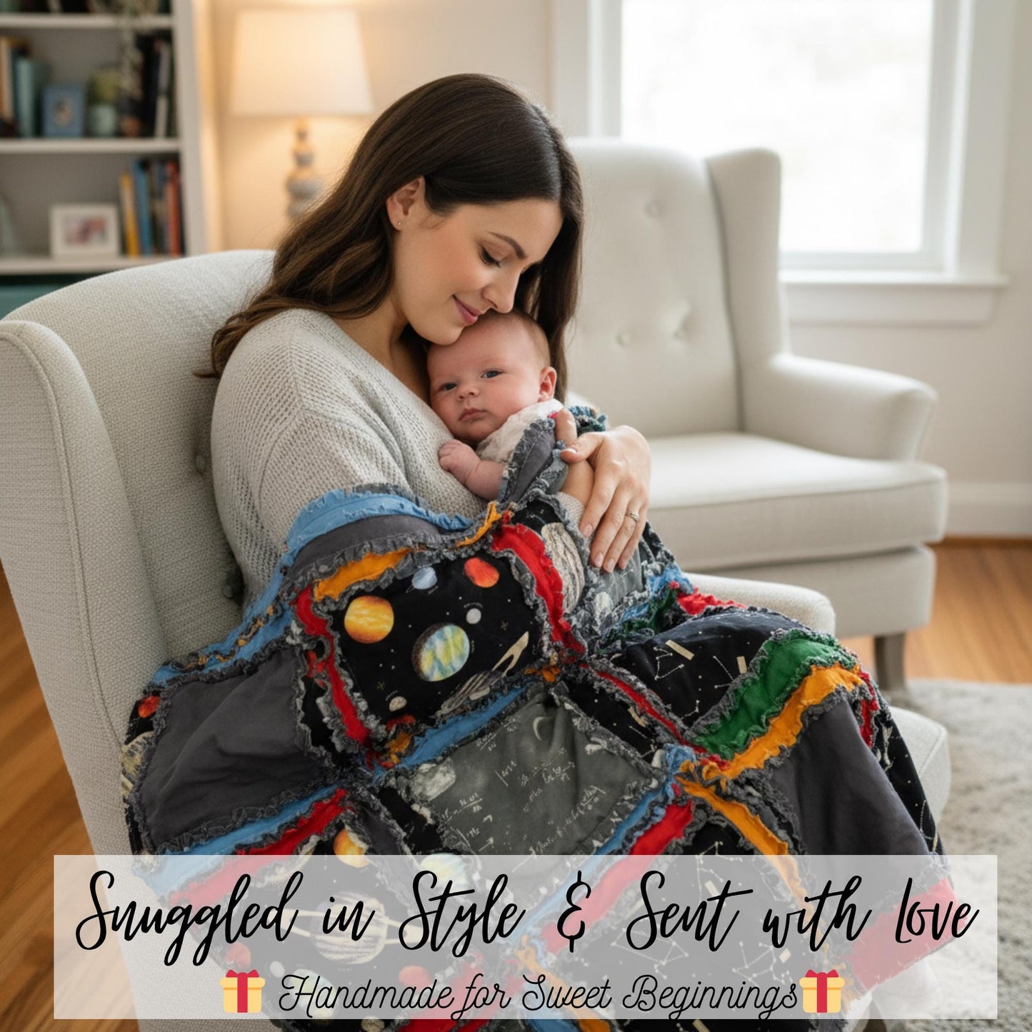 Solar System Baby Rag Quilt | Outer Space Themed Nursery Bedding for Boys | Planets Newborn Boys Bed Comforter | Gray, Black, Red, Blue - A Vision to Remember