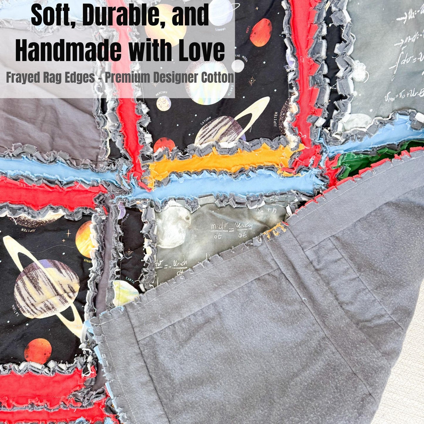 Solar System Baby Rag Quilt | Outer Space Themed Nursery Bedding for Boys | Planets Newborn Boys Bed Comforter | Gray, Black, Red, Blue - A Vision to Remember