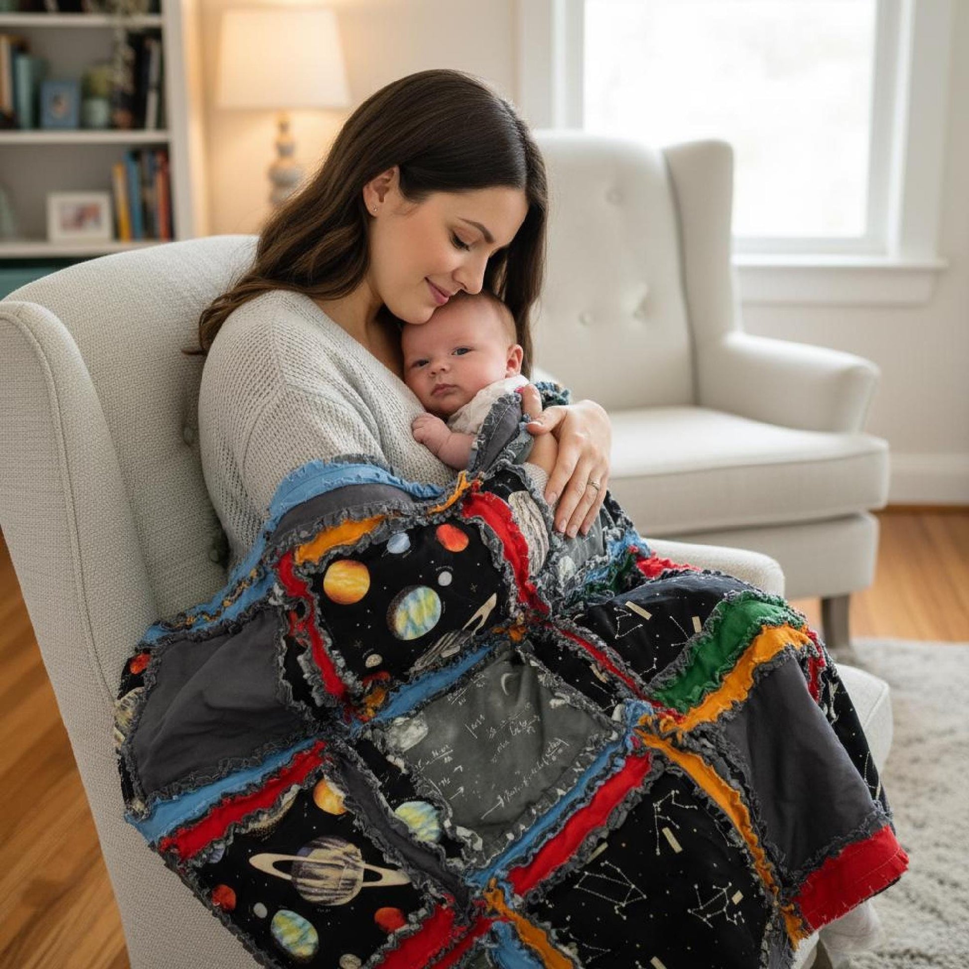 Solar System Baby Rag Quilt | Outer Space Themed Nursery Bedding for Boys | Planets Newborn Boys Bed Comforter | Gray, Black, Red, Blue - A Vision to Remember