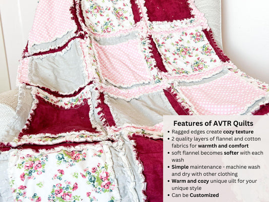 Floral Blanket Handmade Quilts for Sale, Baby Girl Rag Quilt, Baby Blanket to Queen Size Quilts, Baby Girl - A Vision to Remember