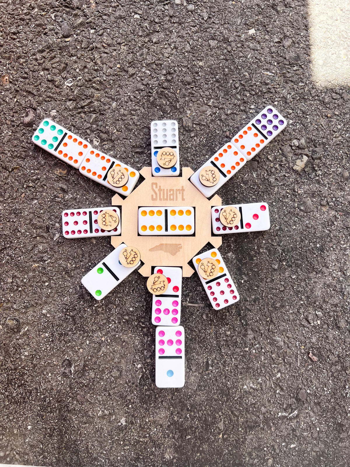 Personalized engraved wooden Mexican Train domino hub