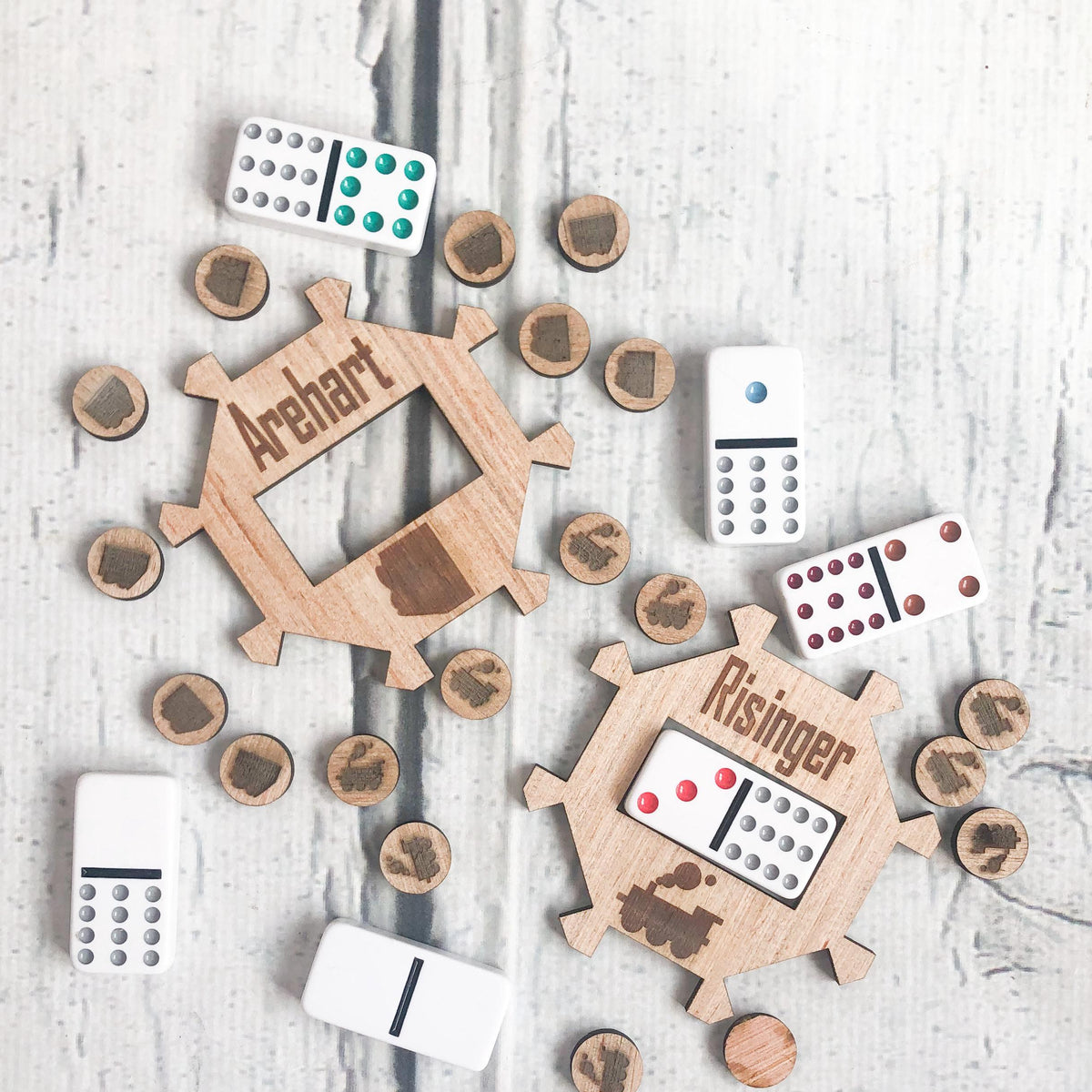 Personalized engraved wooden Mexican Train domino hub