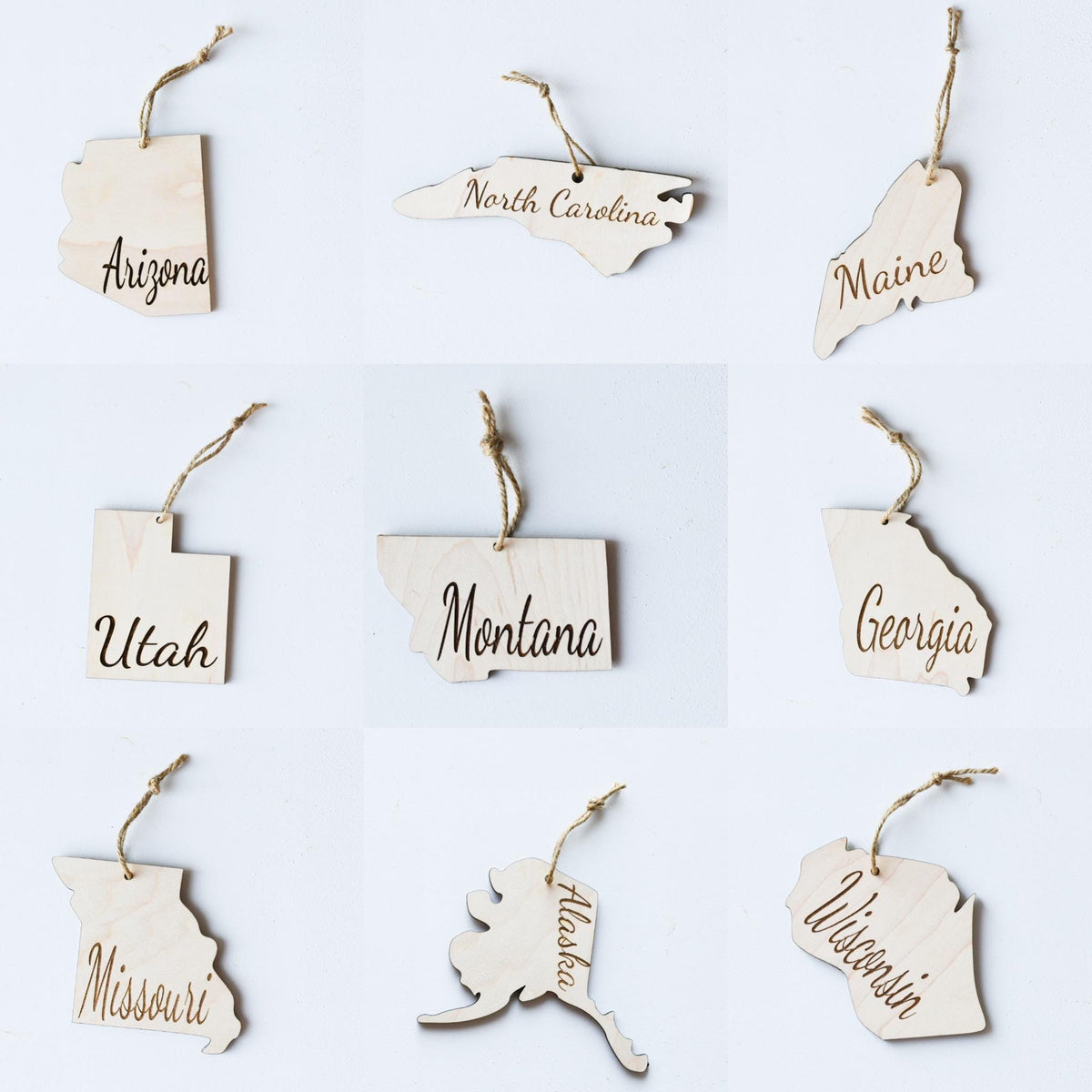 Set of wooden state Christmas ornaments