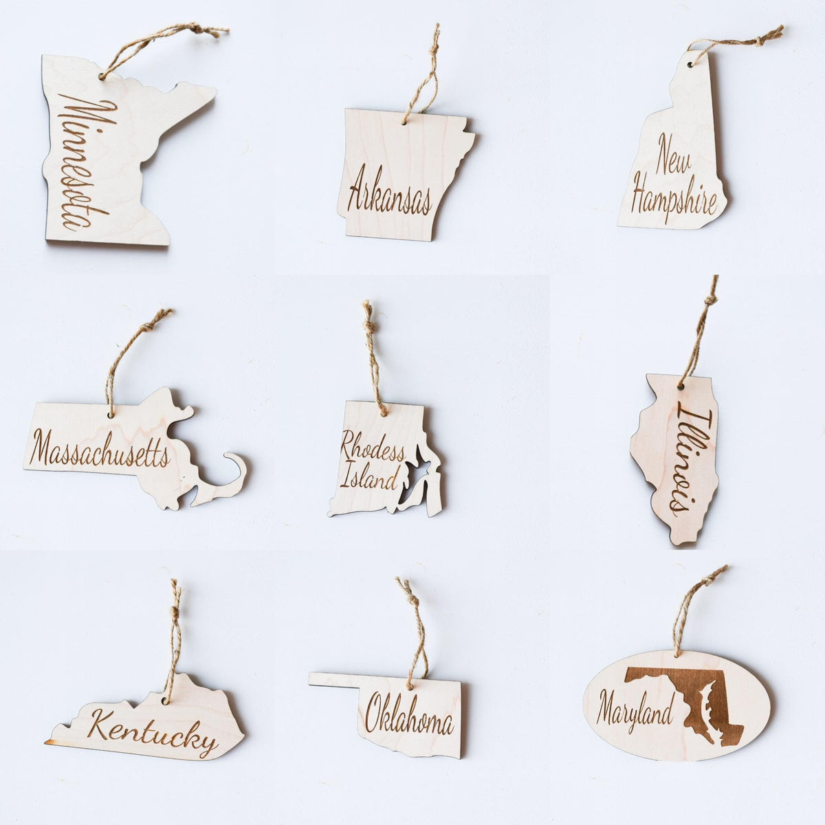Set of wooden state Christmas ornaments