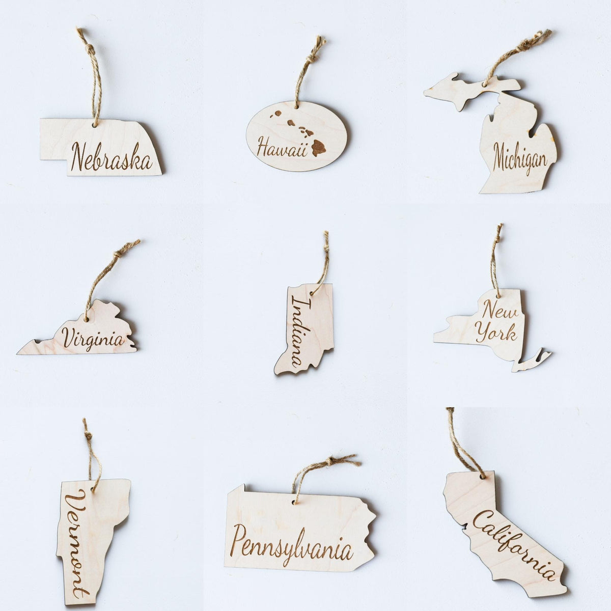 Set of wooden state Christmas ornaments
