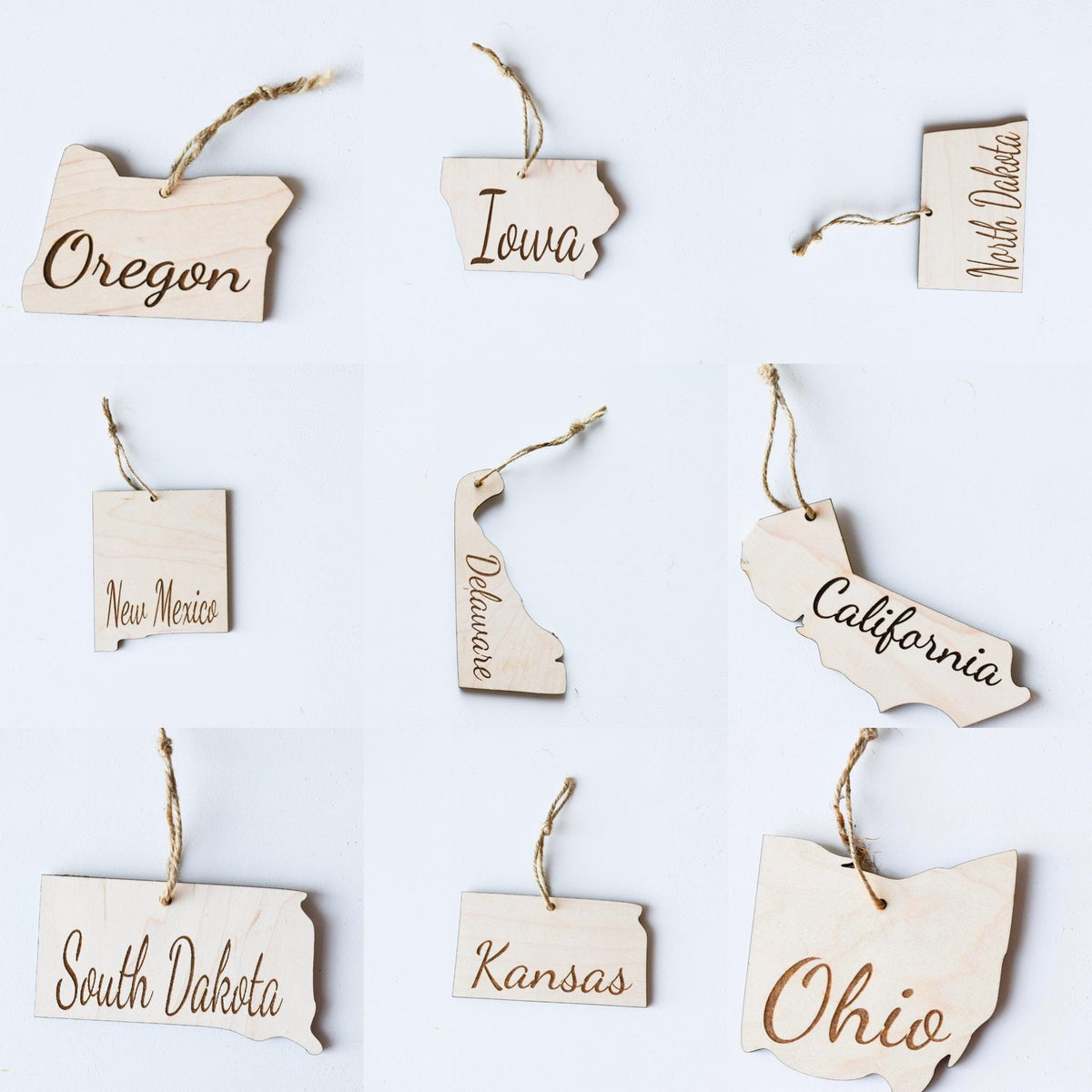 Set of wooden state Christmas ornaments