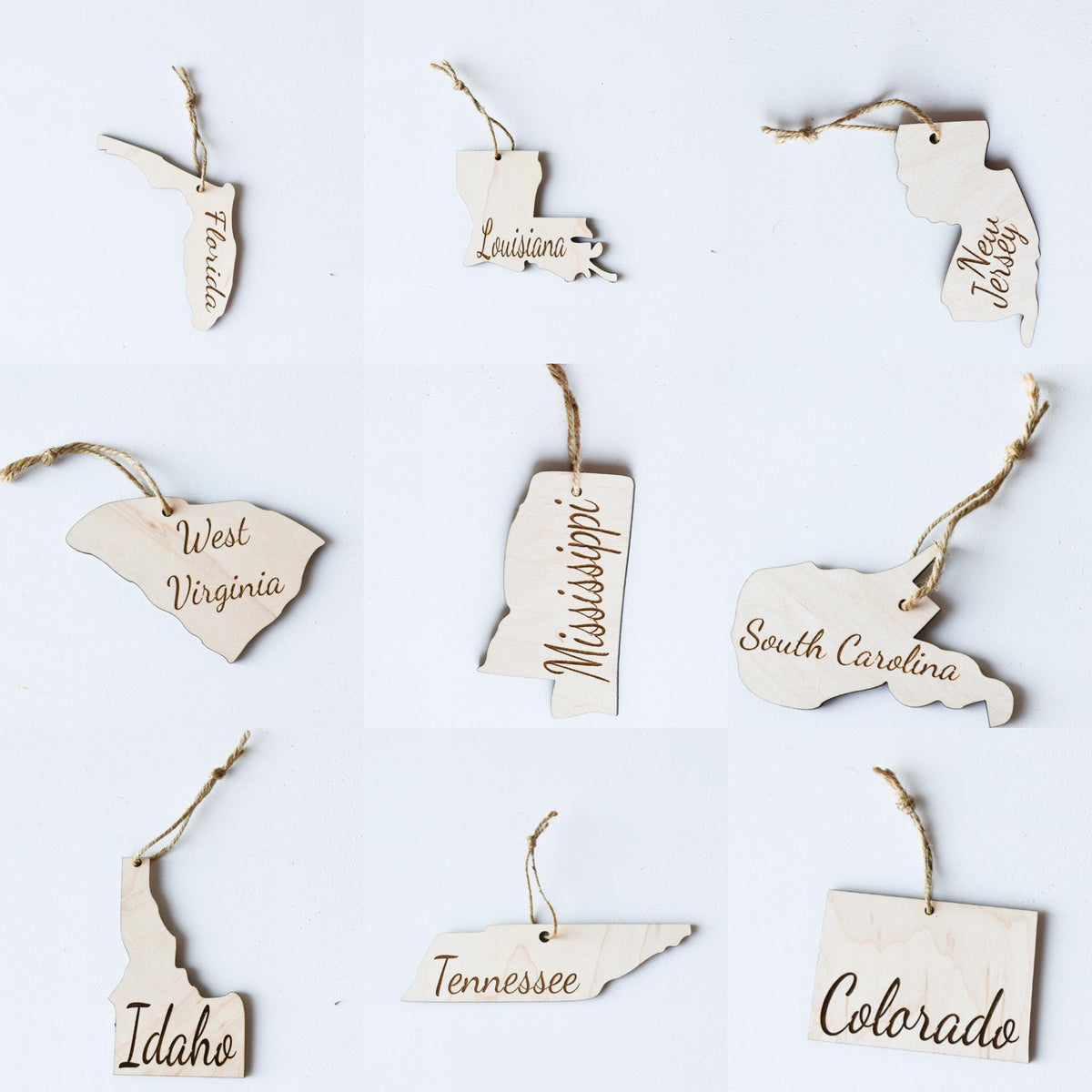 Set of wooden state Christmas ornaments