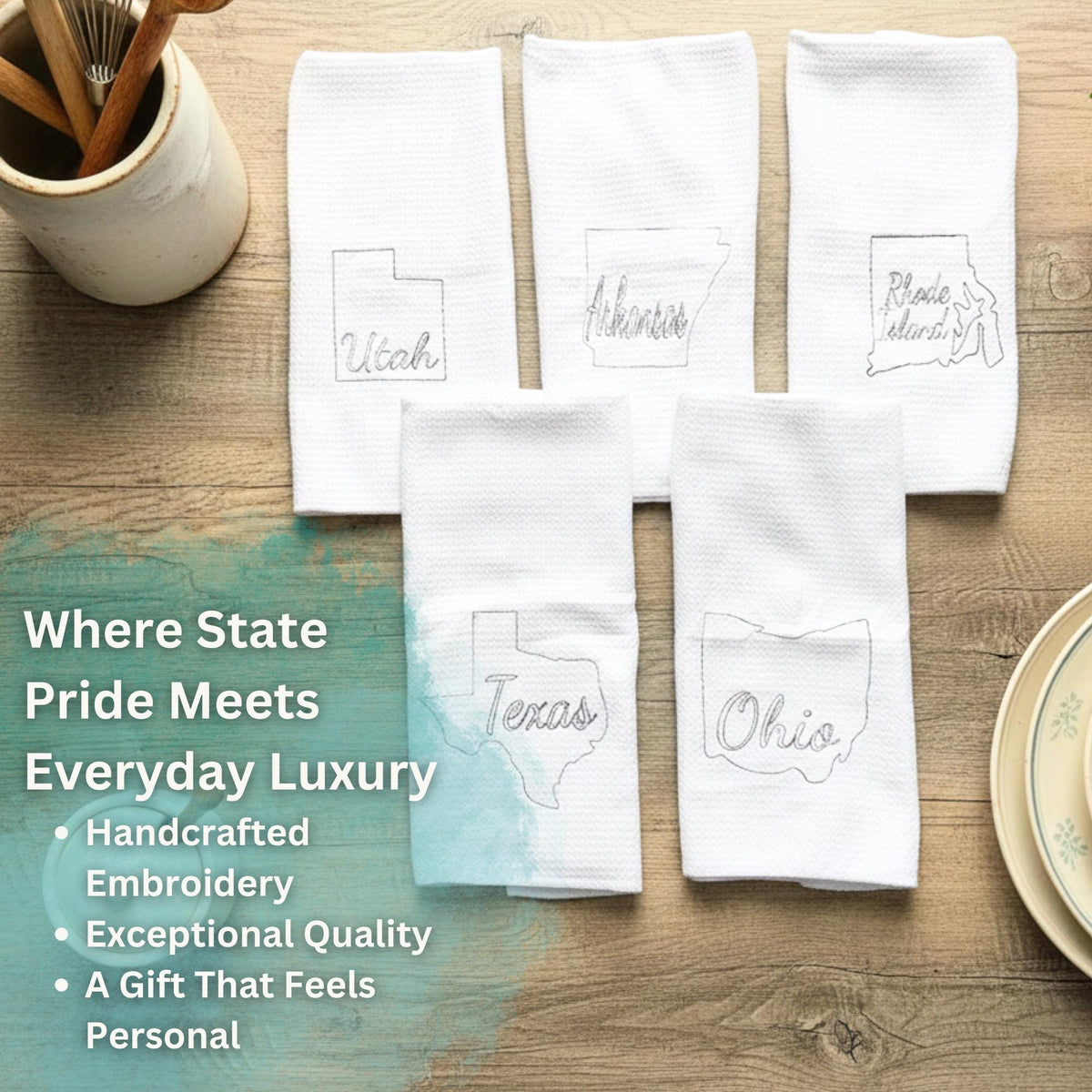 Embroidered state map kitchen towel