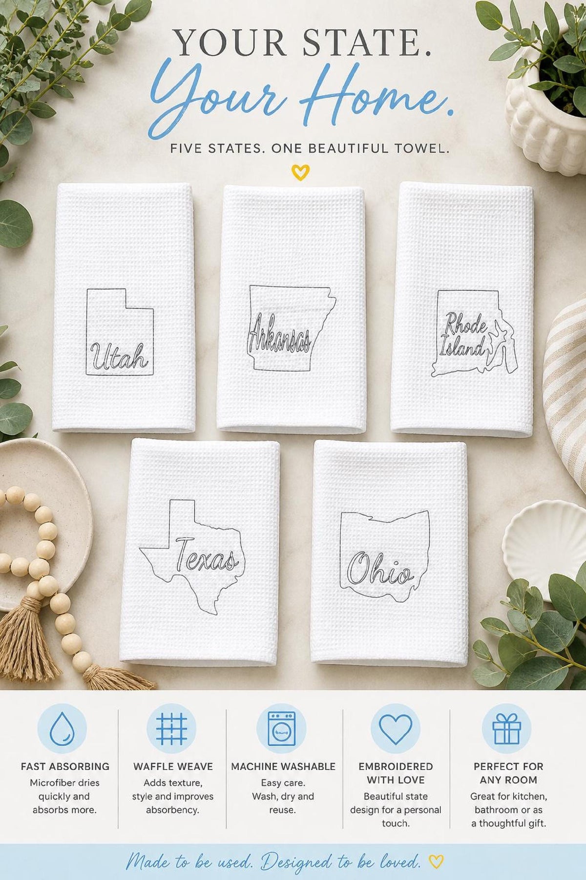 Embroidered state map kitchen towel