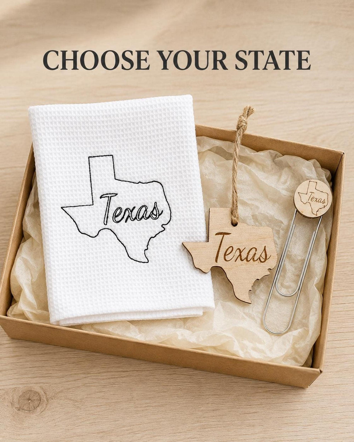 State housewarming gift set with towel, wood ornament and bookmark
