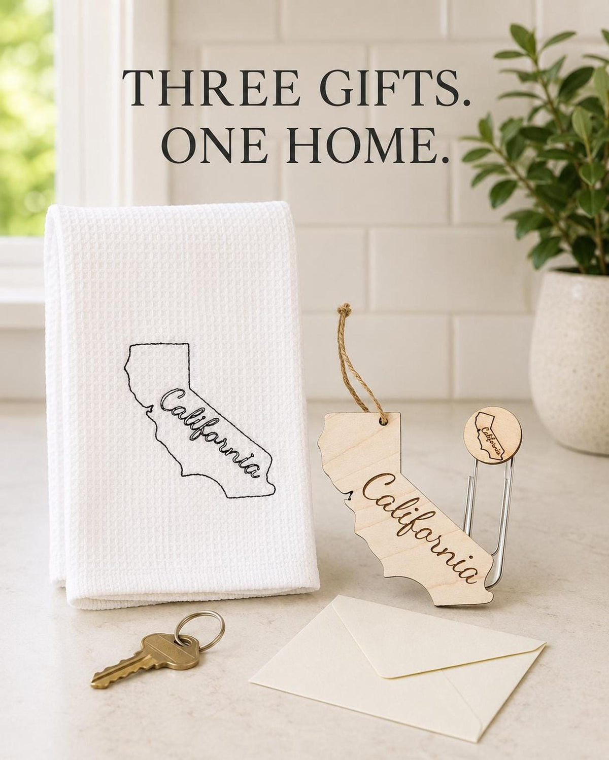 State housewarming gift set with towel, wood ornament and bookmark