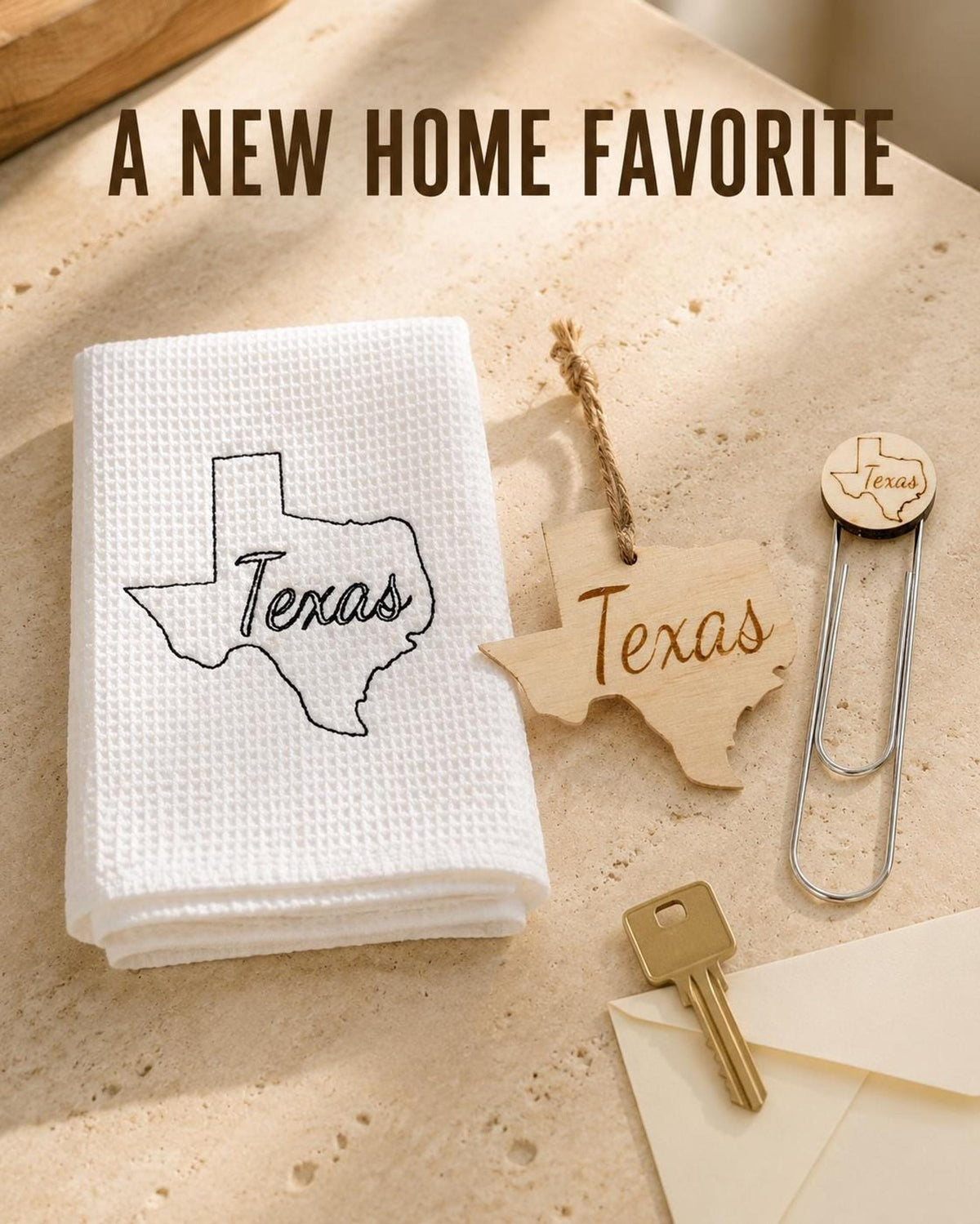 State housewarming gift set with towel, wood ornament and bookmark