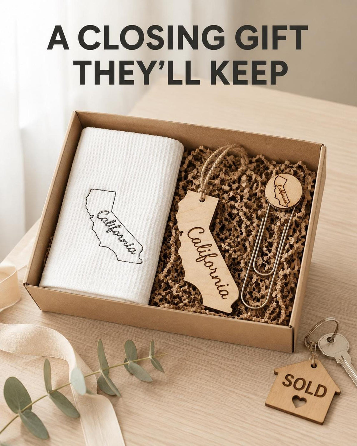 State housewarming gift set with towel, wood ornament and bookmark