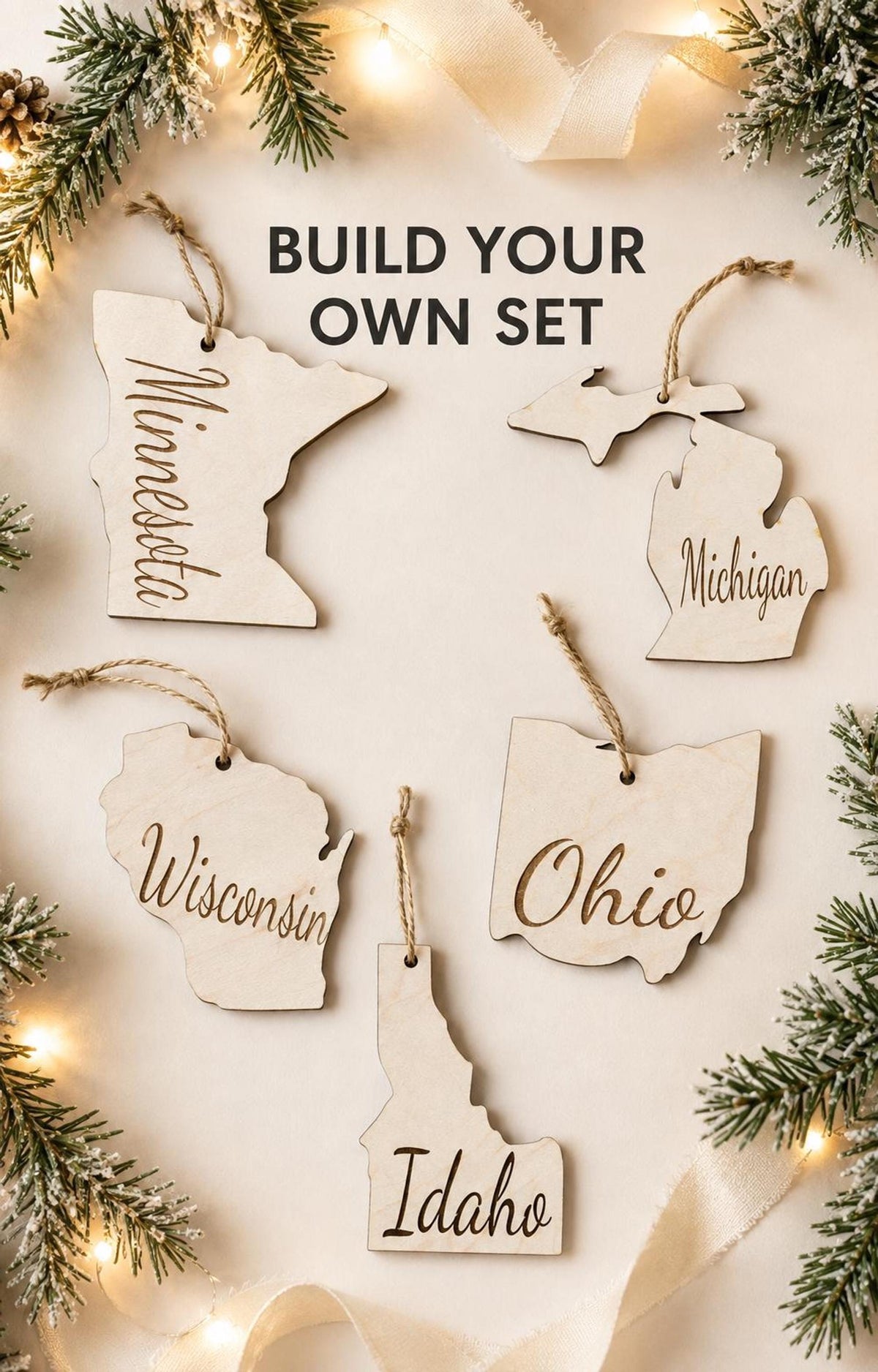 Set of wooden state Christmas ornaments