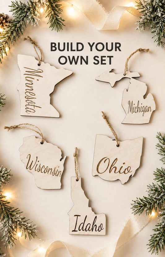 Set of wooden state Christmas ornaments