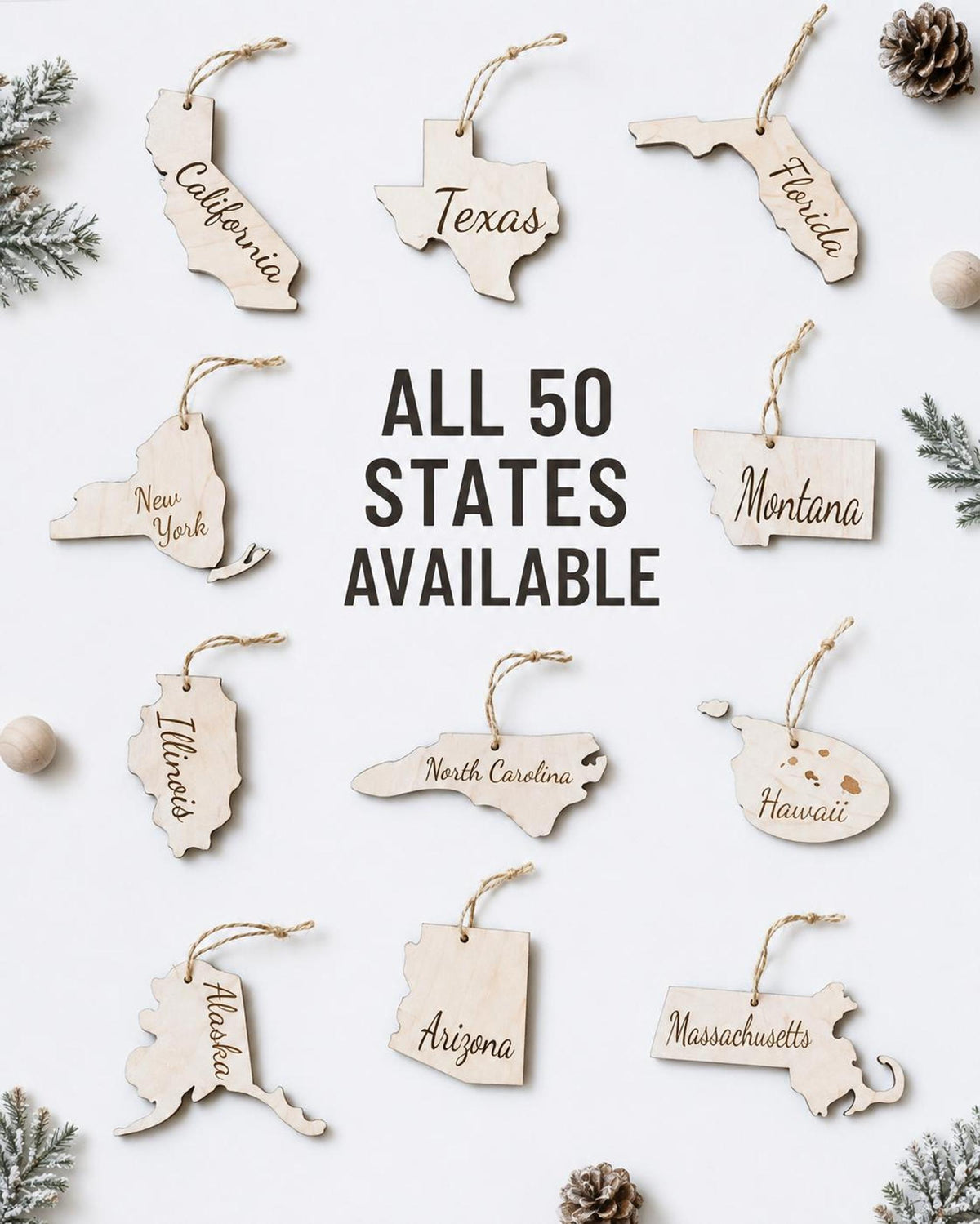 Set of wooden state Christmas ornaments
