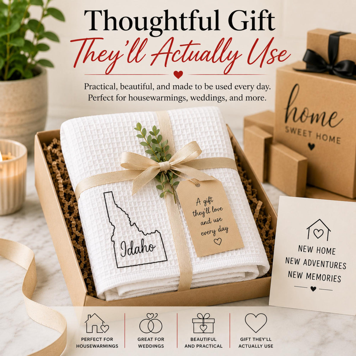 State housewarming gift set with towel, wood ornament and bookmark