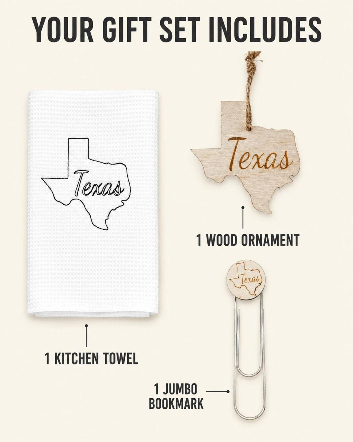 State housewarming gift set with towel, wood ornament and bookmark
