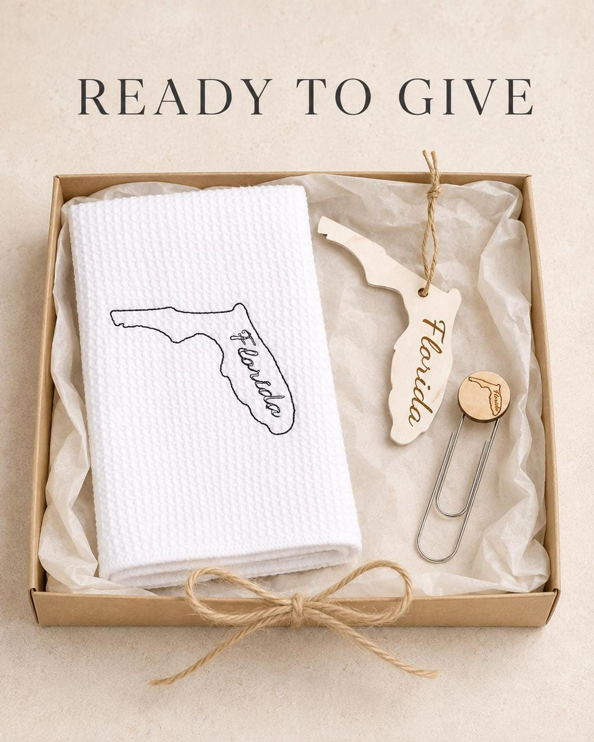 State housewarming gift set with towel, wood ornament and bookmark