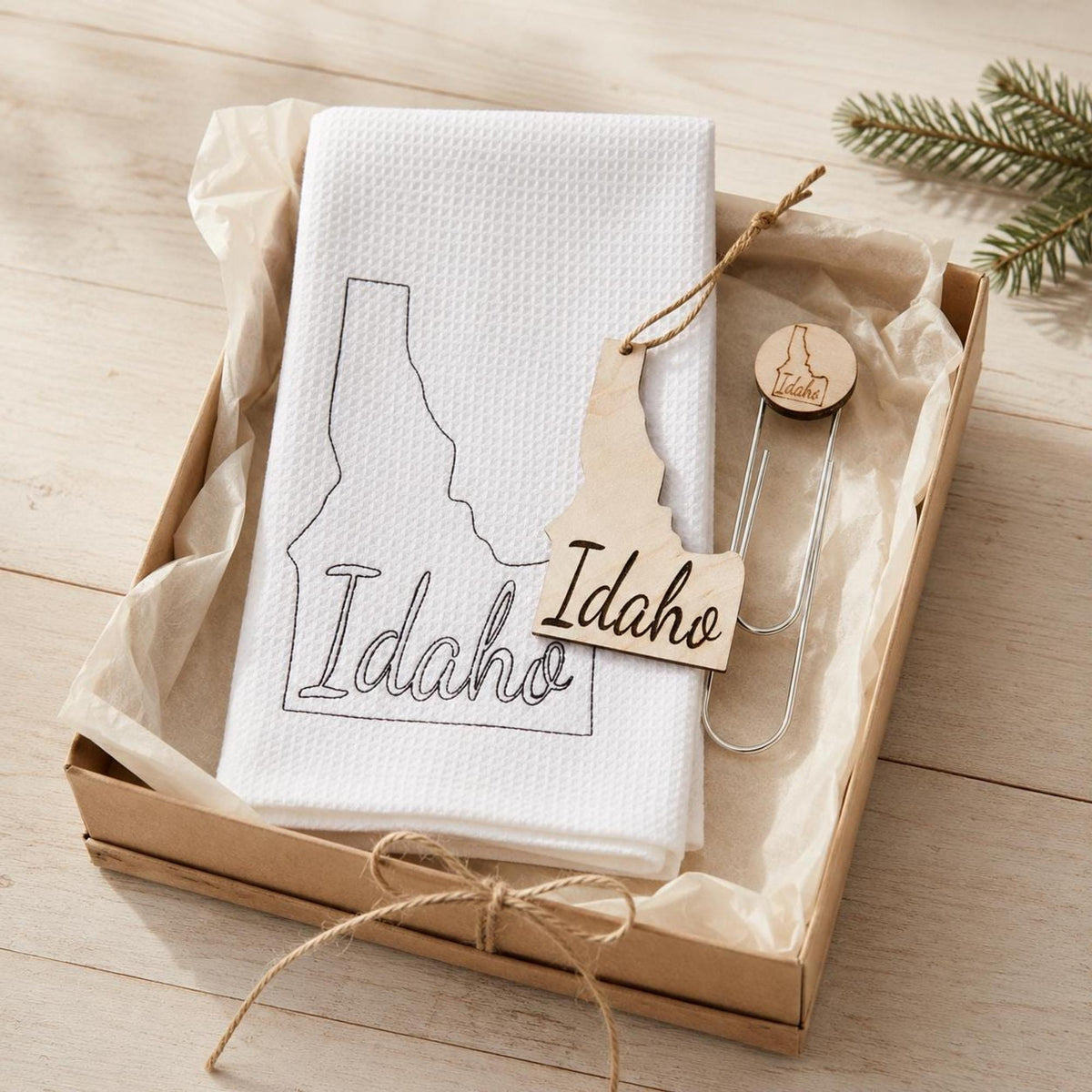 State housewarming gift set with towel, wood ornament and bookmark
