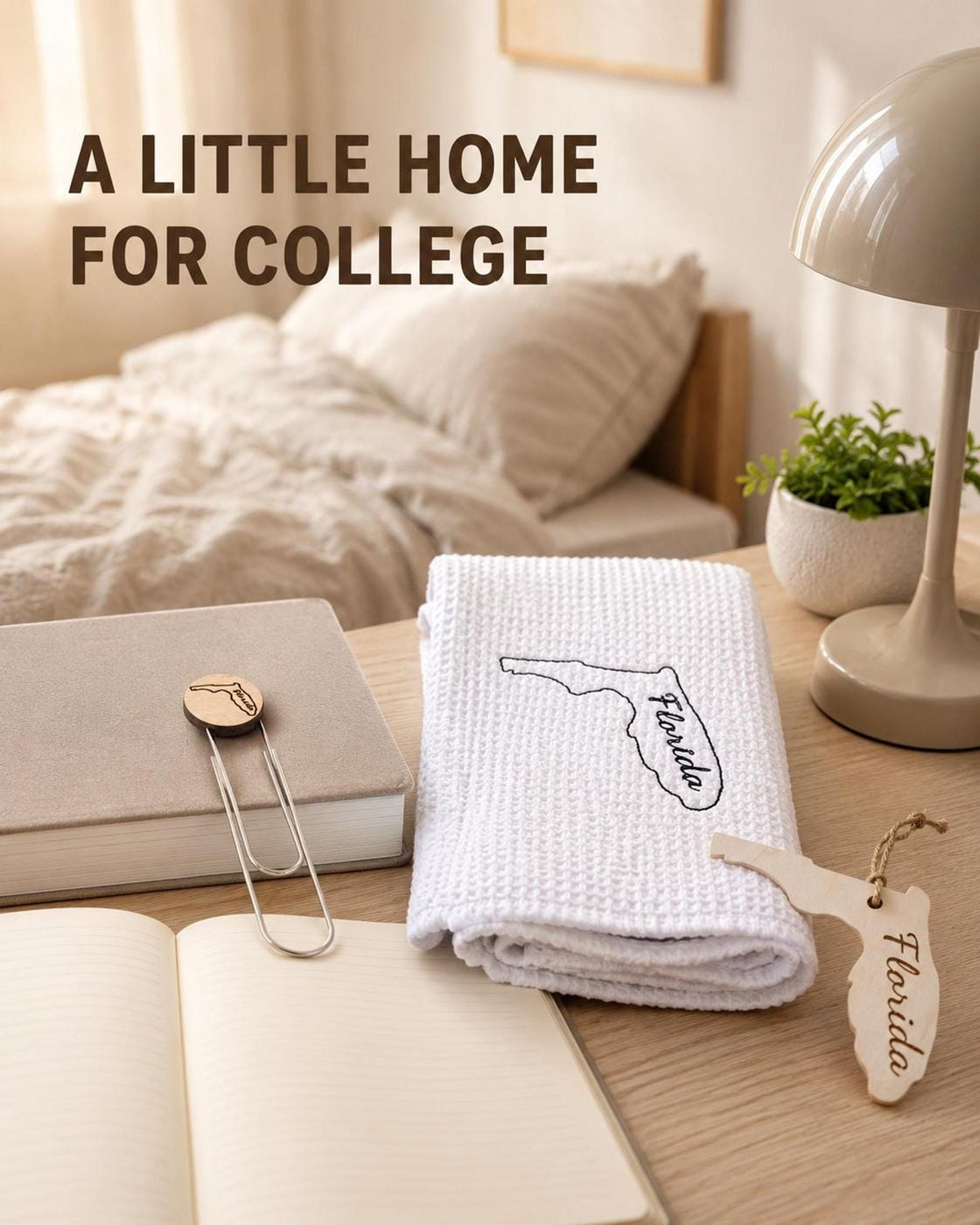 State housewarming gift set with towel, wood ornament and bookmark