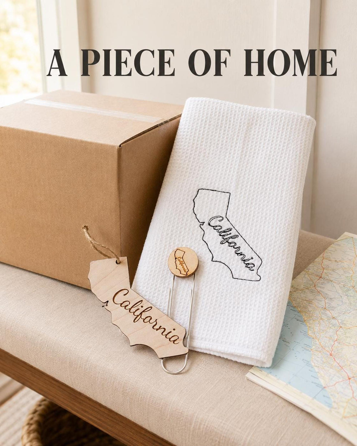 State housewarming gift set with towel, wood ornament and bookmark