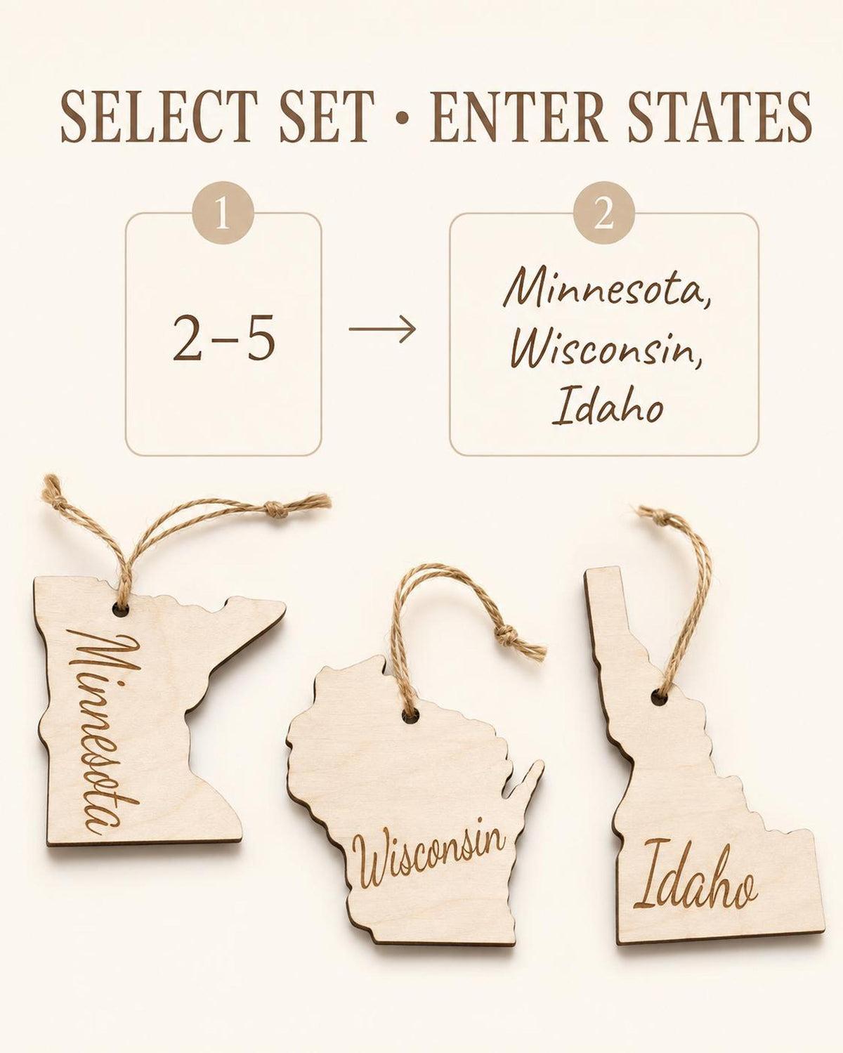 Set of wooden state Christmas ornaments