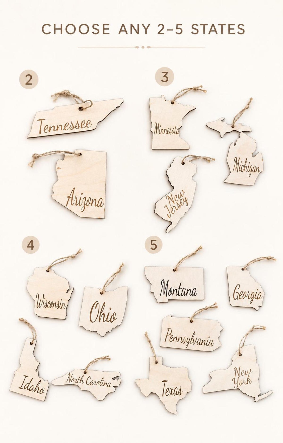 Set of wooden state Christmas ornaments