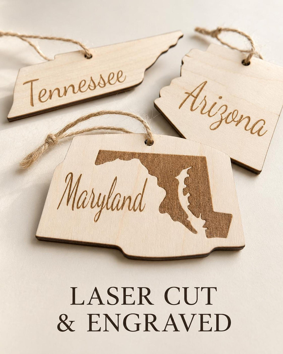 Set of wooden state Christmas ornaments