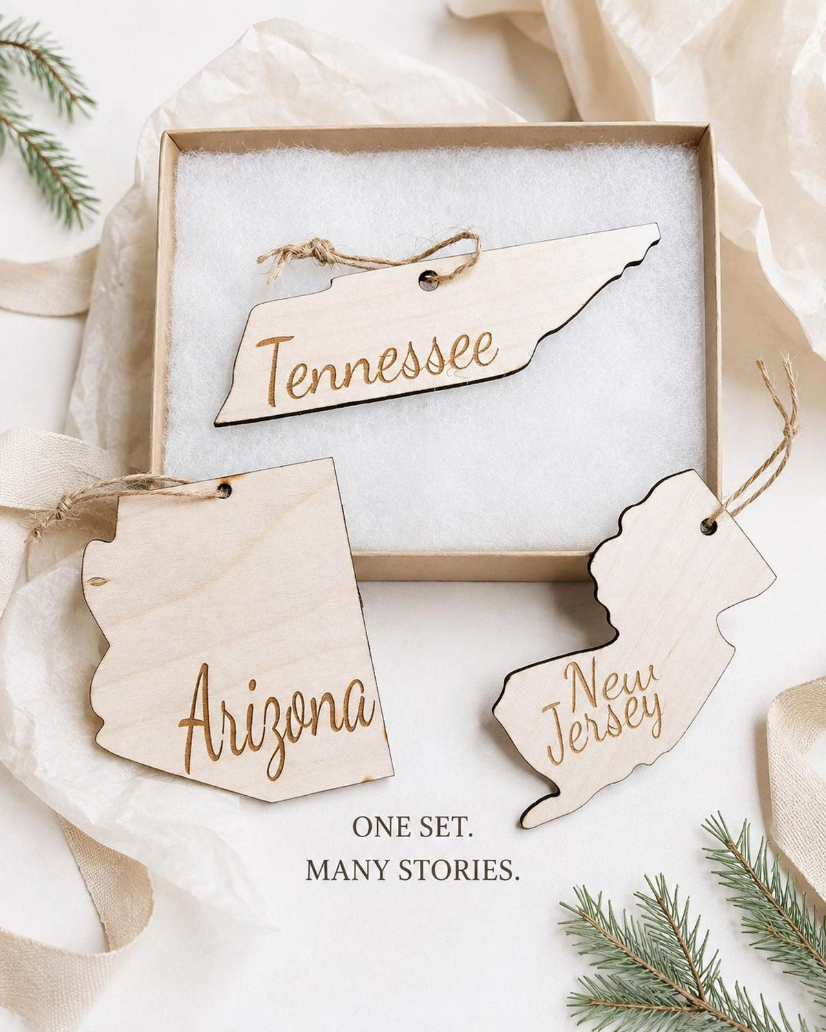 Set of wooden state Christmas ornaments