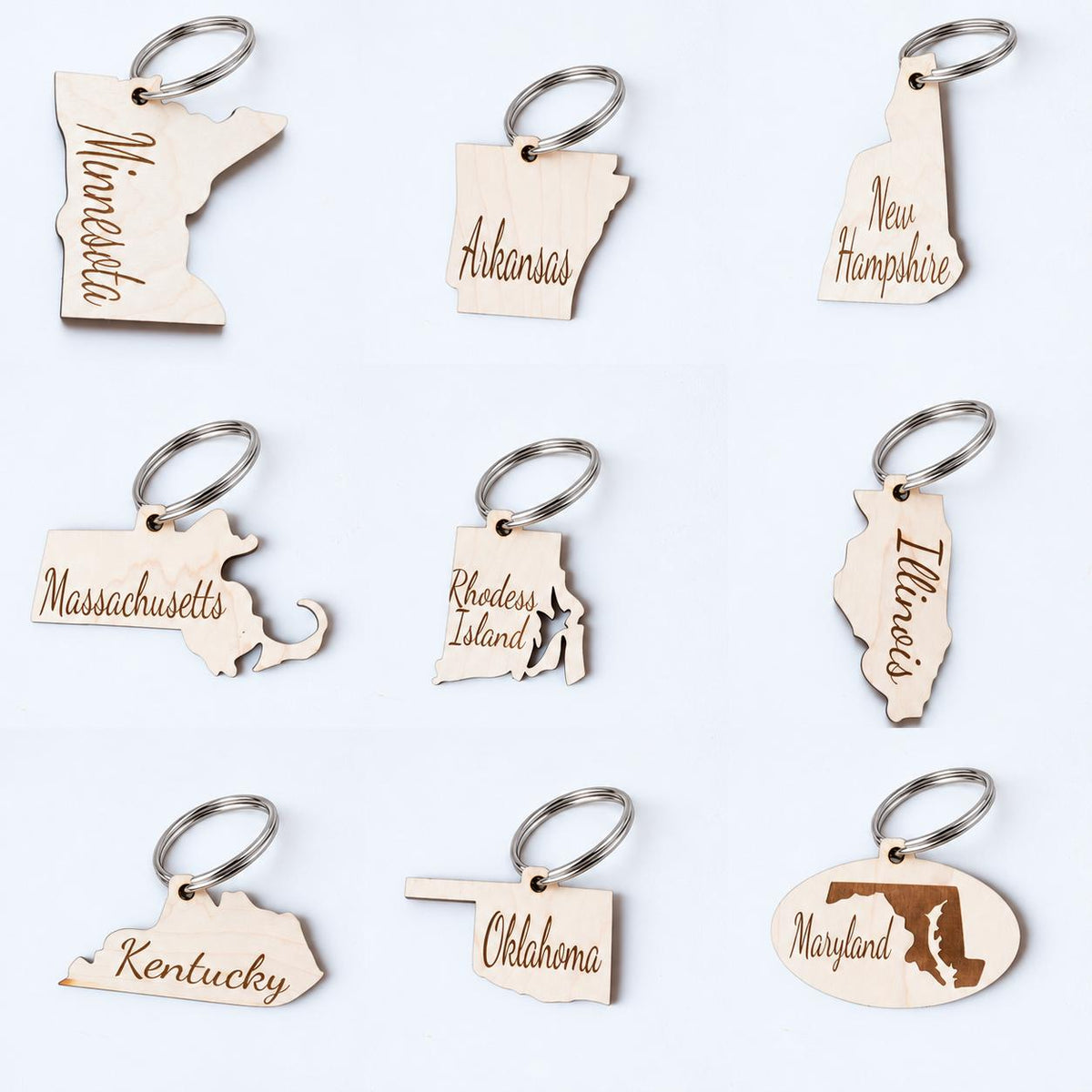 Wooden state shaped keychain on a metal key ring