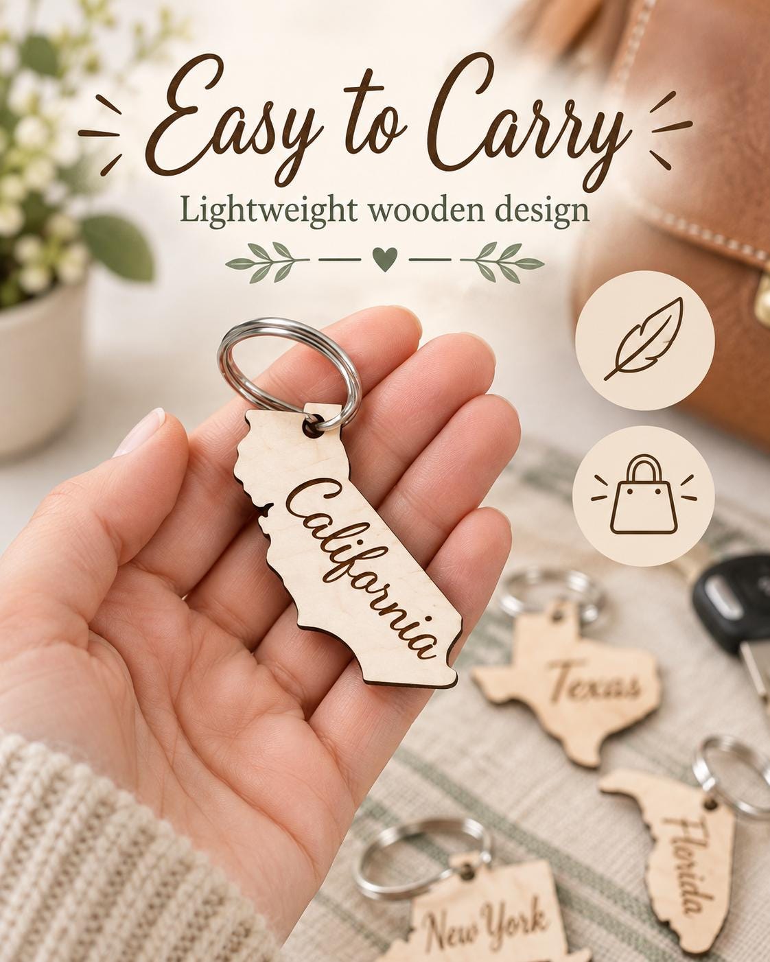 Wooden state shaped keychain on a metal key ring