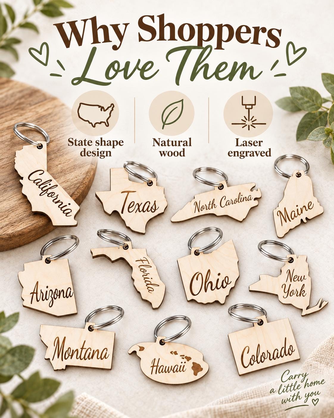 Wooden state shaped keychain on a metal key ring