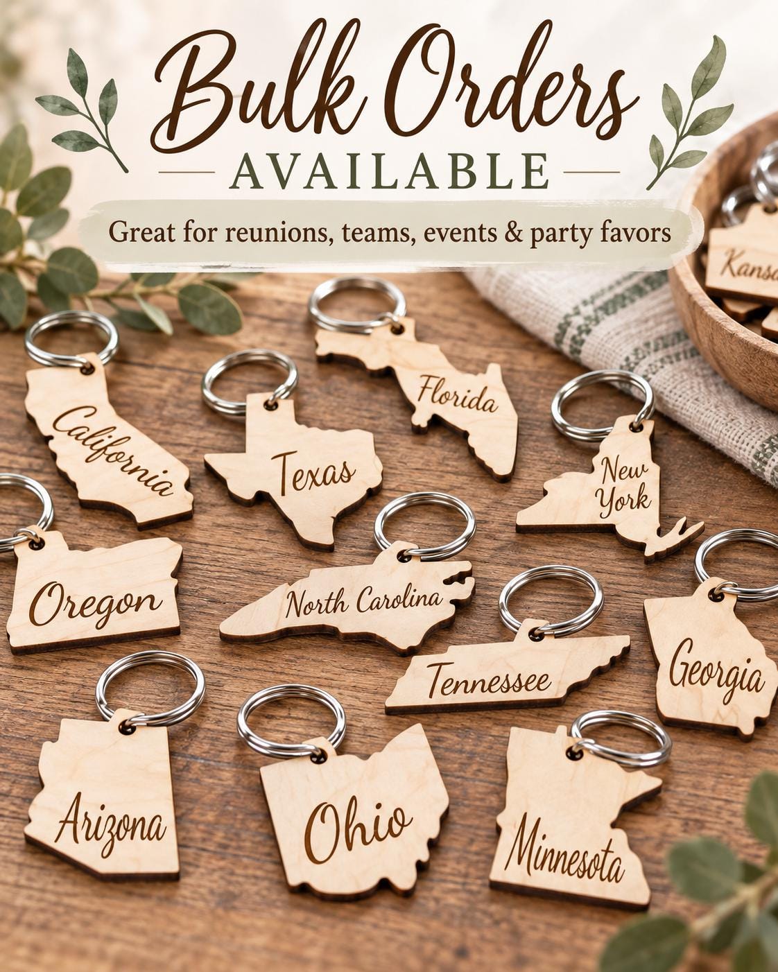 Wooden state shaped keychain on a metal key ring
