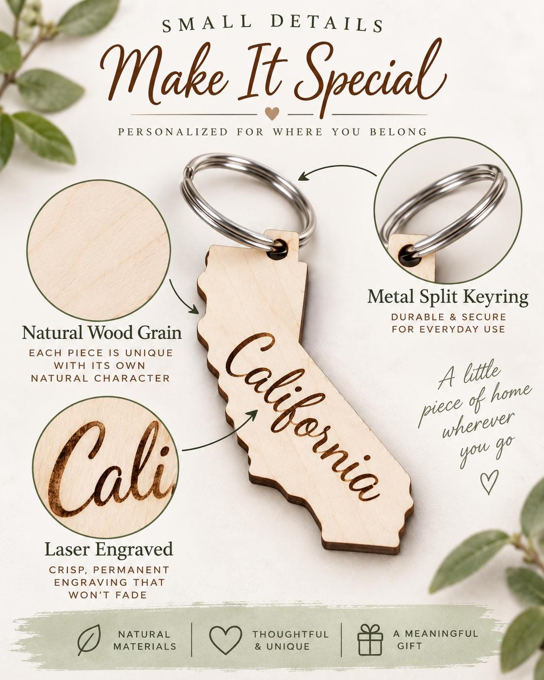 Wooden state shaped keychain on a metal key ring