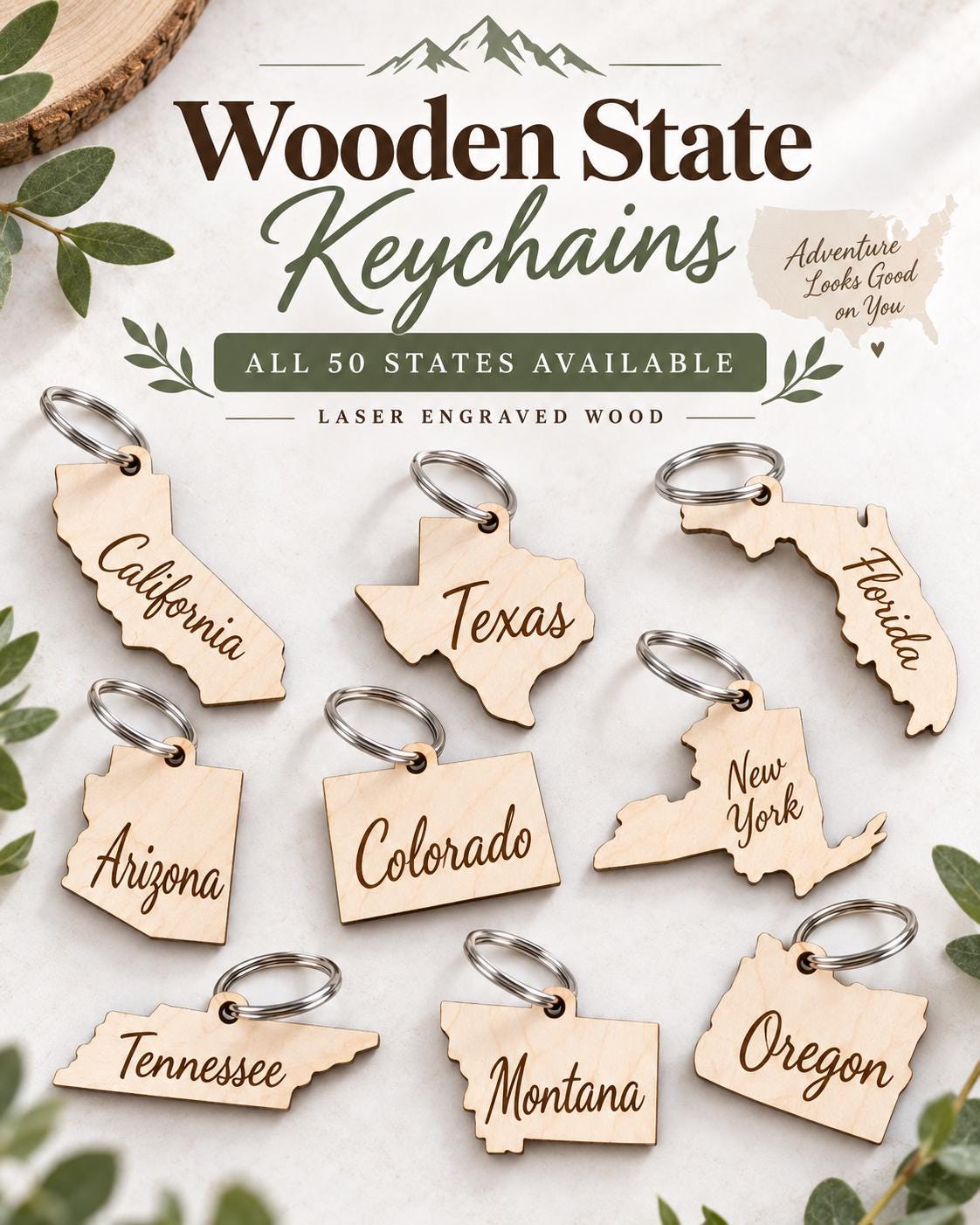 Wooden state shaped keychain on a metal key ring