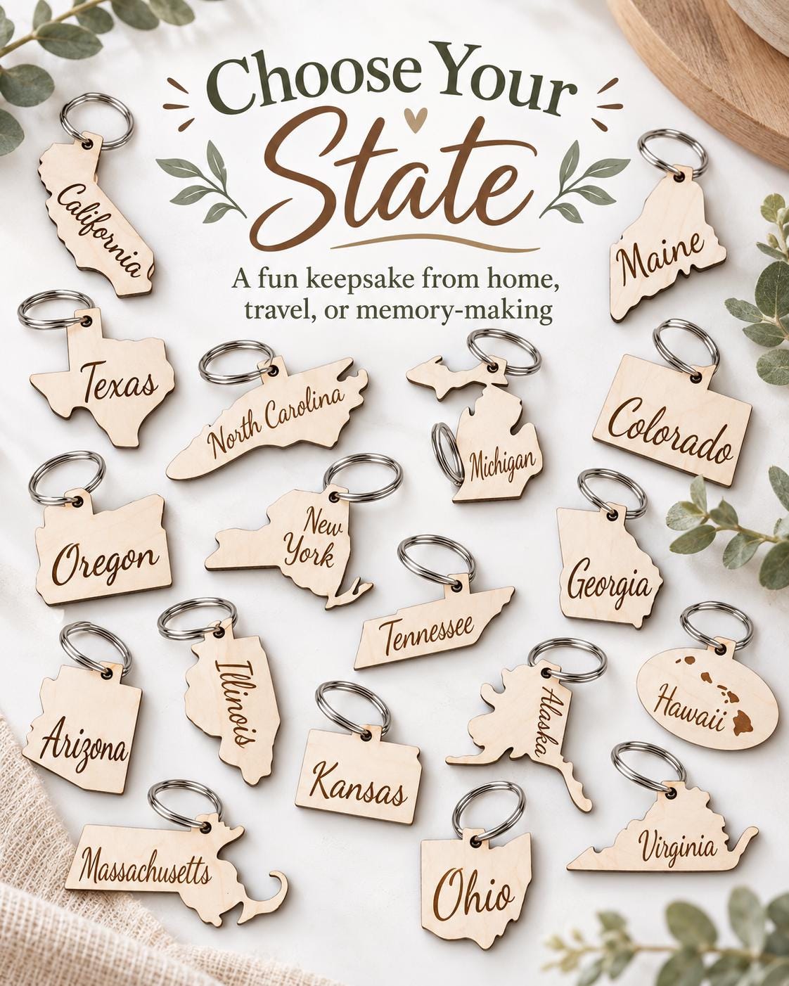 Wooden state shaped keychain on a metal key ring