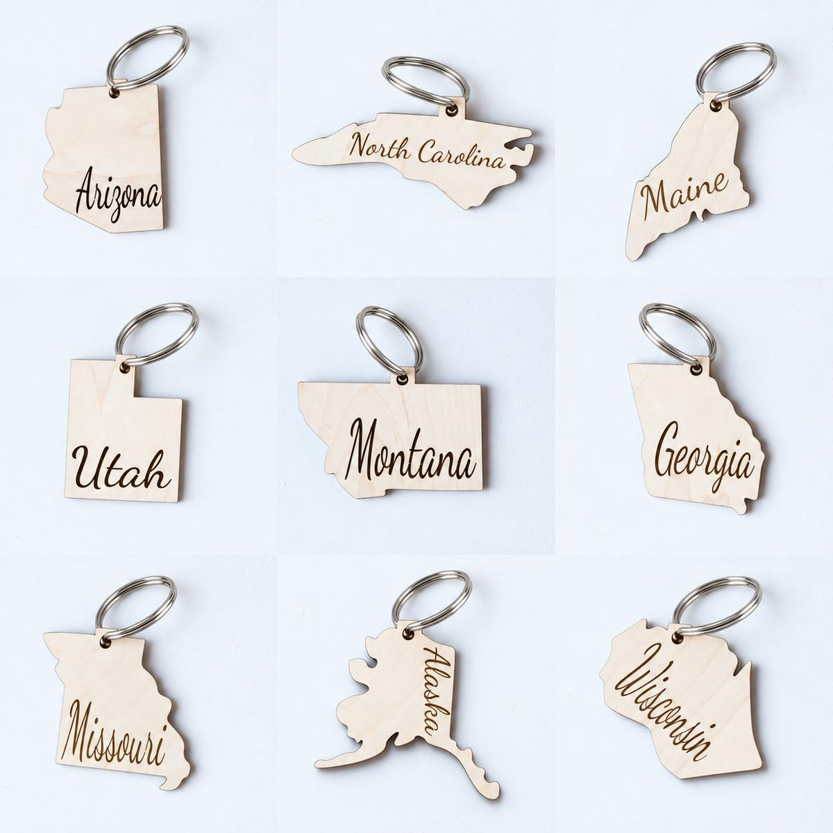 Wooden state shaped keychain on a metal key ring