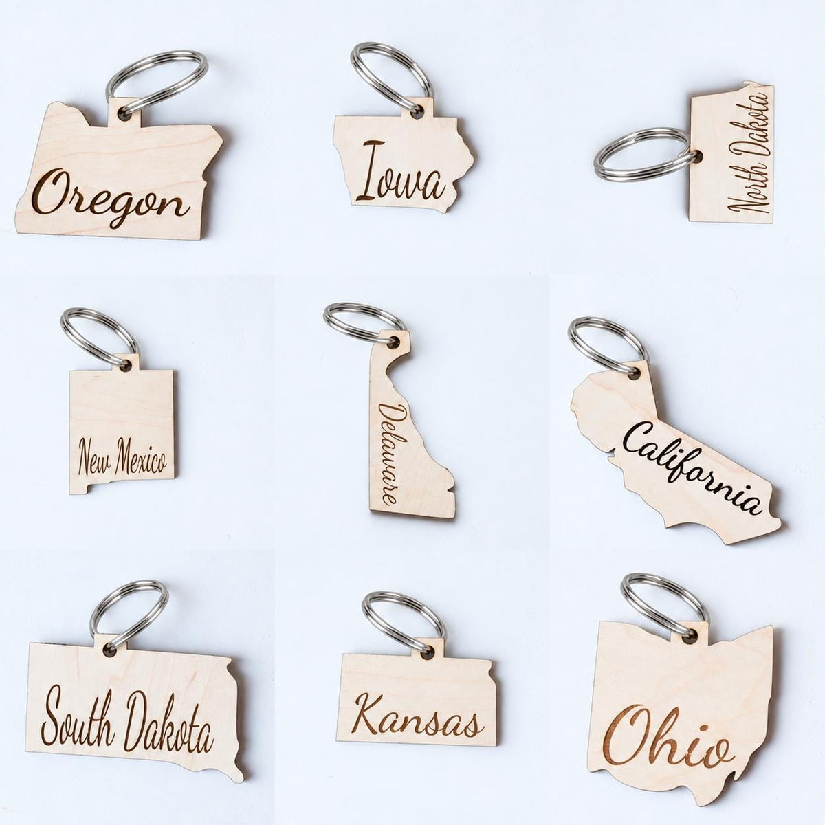 Wooden state shaped keychain on a metal key ring
